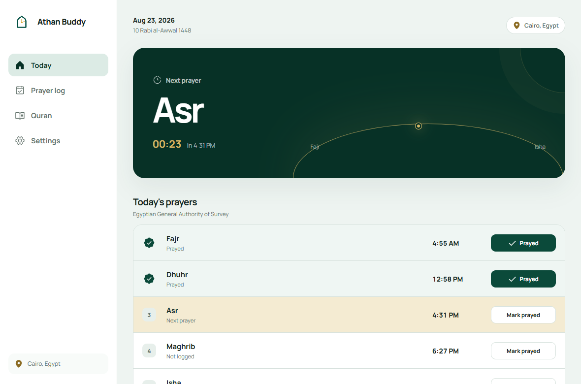 Athan Buddy English dashboard showing prayer times and prayer logging