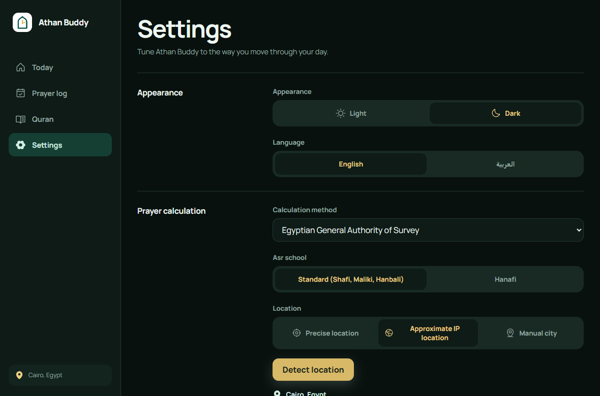 Athan Buddy settings for theme, language, prayer calculation, Asr school, and location
